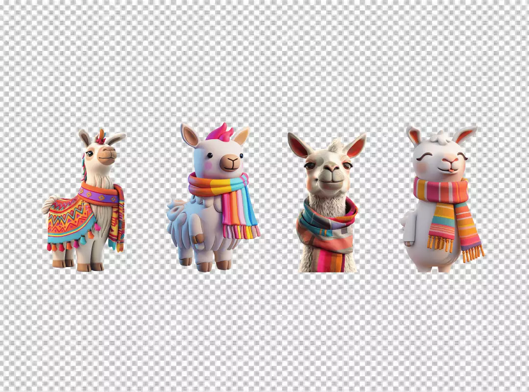 Adorable Llama Group with Colorful Scarves and Traditional Blanket Design