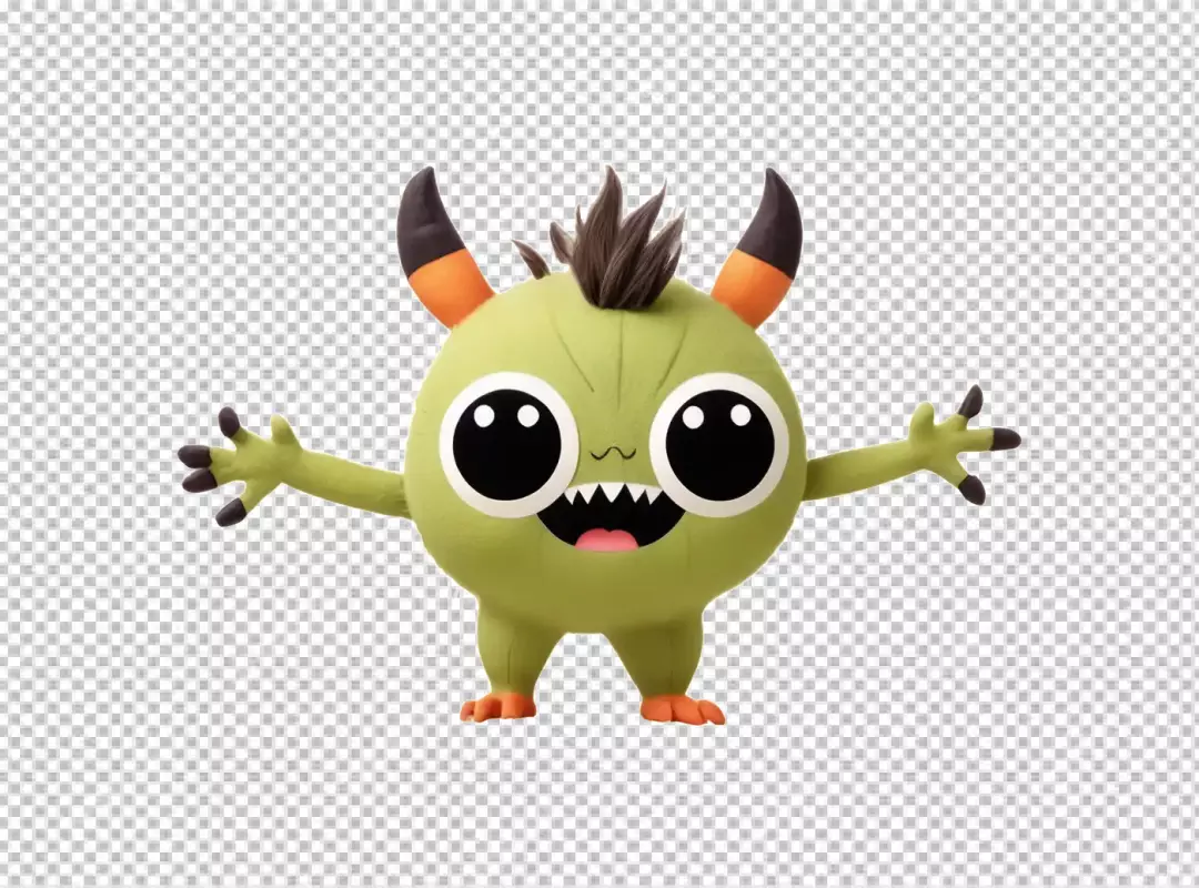 Cheerful Green Monster Character with Big Eyes and Horns Waving Playfully