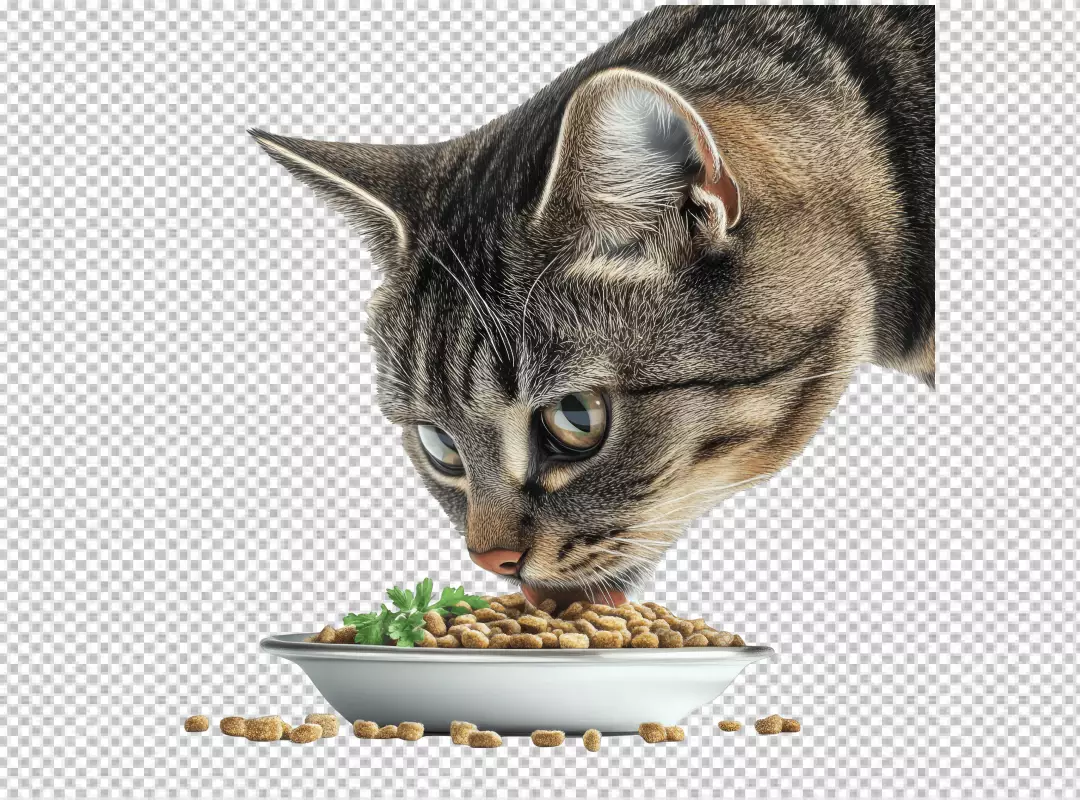 Adorable Tabby Cat Enjoying Dry Kibble from Bowl, Pet Food PNG