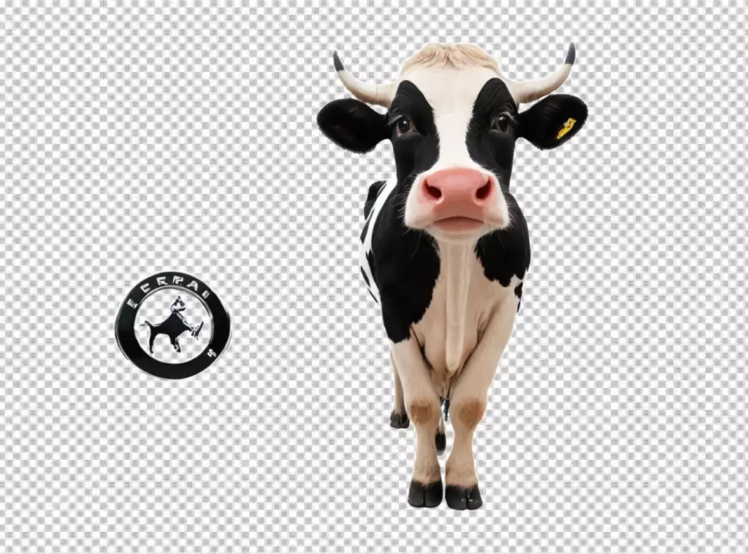 Front-Facing Holstein Friesian Dairy Cow with Farm Emblem on Clean White Background