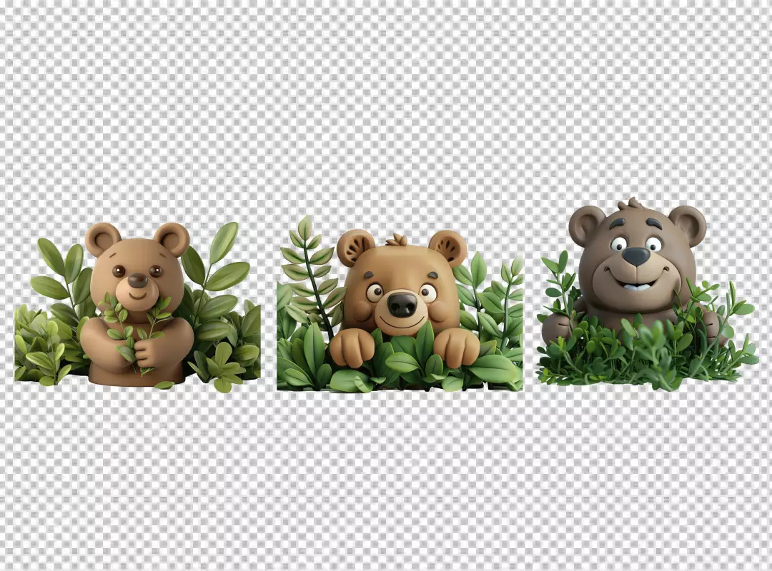 Adorable 3D Cartoon Bears Peeking from Green Bushes Playful Animal Character Cutouts