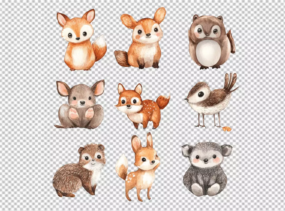 Cute Watercolor Forest Animals PNG Collection for Kids' Designs