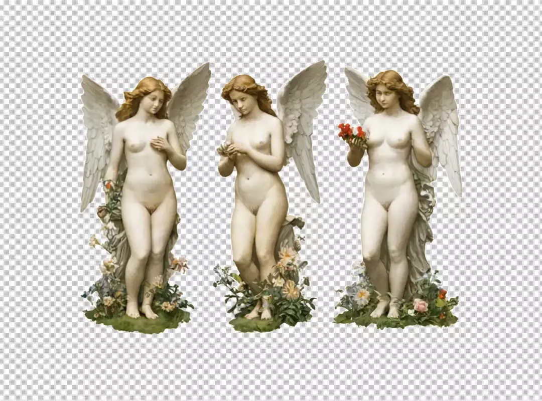 Classical Nude Angel Statues with Wings and Floral Accents, Symbolizing Beauty and Grace