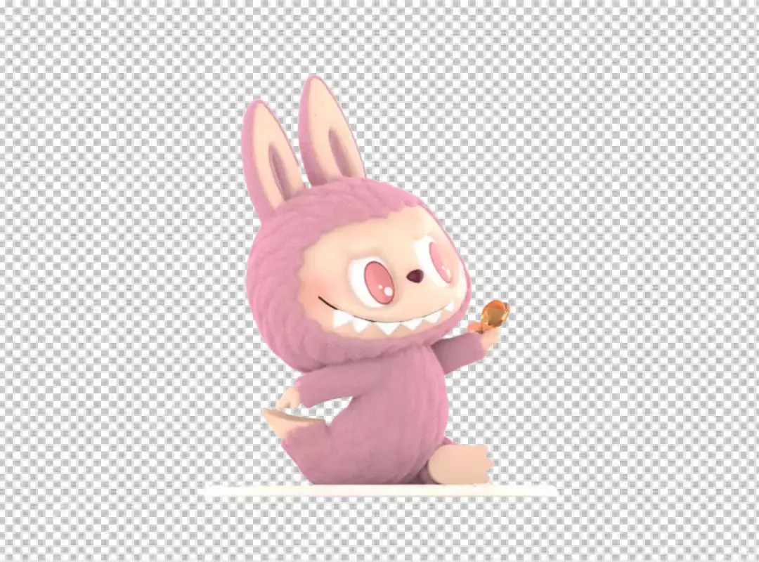 Cute Pink Fluffy Monster Character with Bunny Ears Holding Small Object