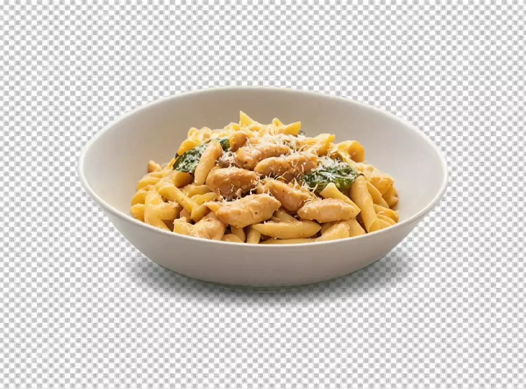 Delicious Penne Pasta with Grilled Chicken and Parmesan Cheese Served in a White Bowl