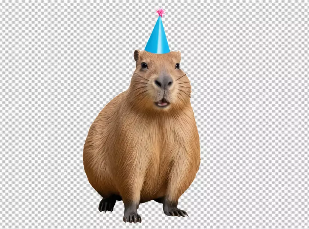 Adorable Capybara Wearing Blue Party Hat Celebrating on White Background for Animal Fun