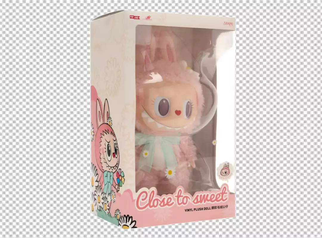 Whimsical Pink Fluffy Bunny Monster Plush Toy with Mischievous Grin in Display Box