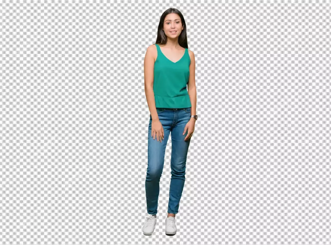 Smiling Young Woman in Casual Green Tank Top and Jeans Posing Confidently