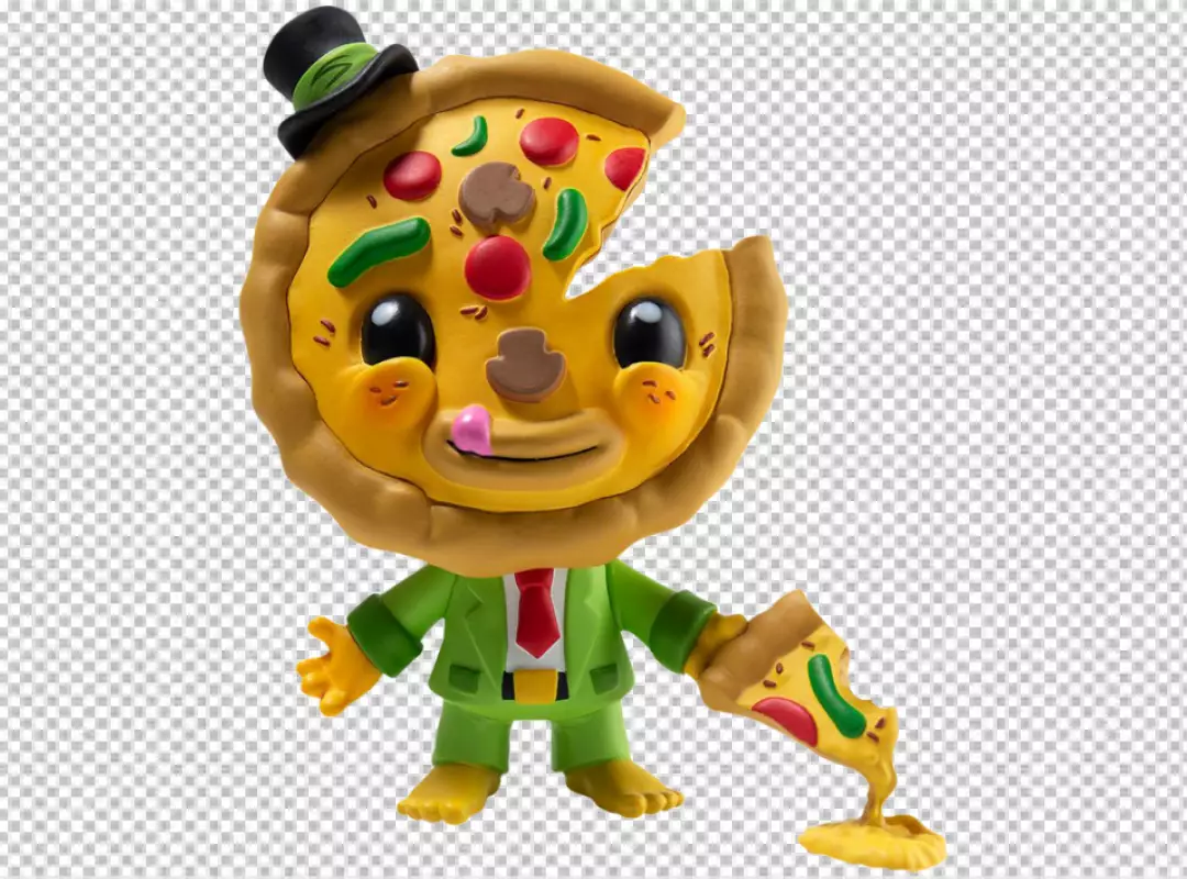 Whimsical Pizza Slice Character in Green Suit with Top Hat Holding a Slice