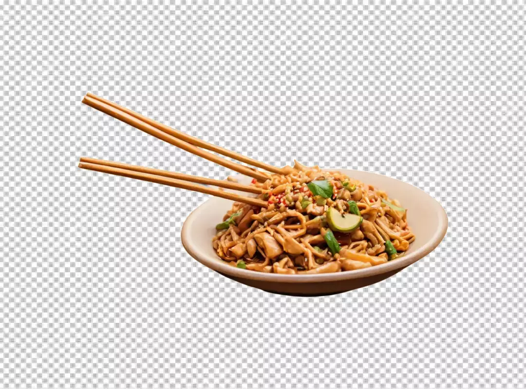 Delicious Stir-Fried Noodles with Chicken, Fresh Vegetables, and Lime Served with Chopsticks