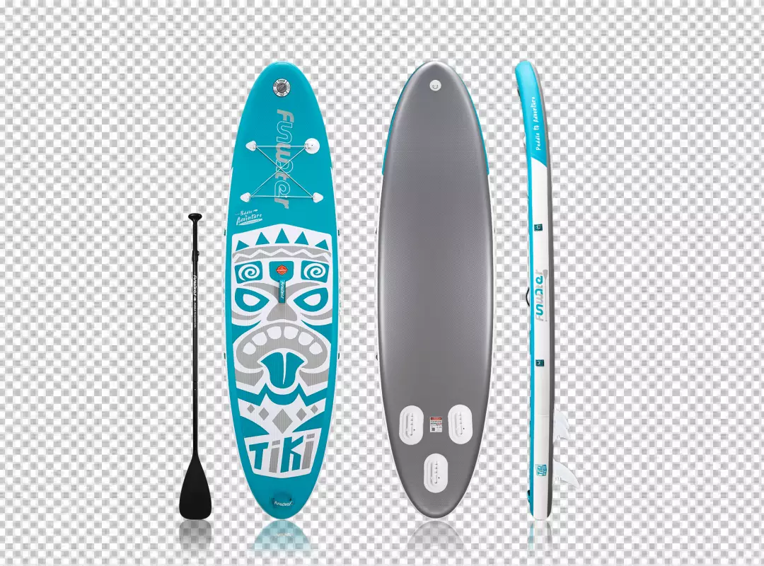 Three Views of a Blue Inflatable Tiki Stand Up Paddleboard with Paddle Set