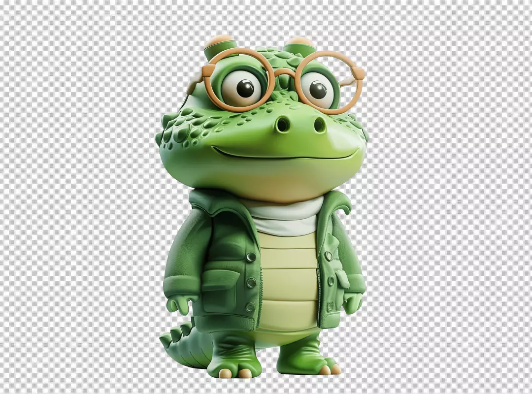 Charming 3D Green Crocodile Character with Glasses and a Friendly Smile