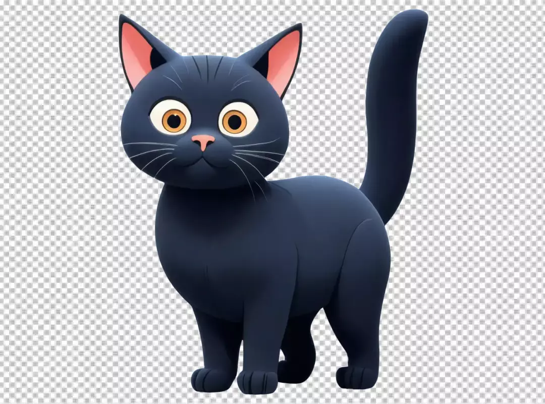 Adorable 3D Rendered Black Cat with Big Orange Eyes and Pink Ears