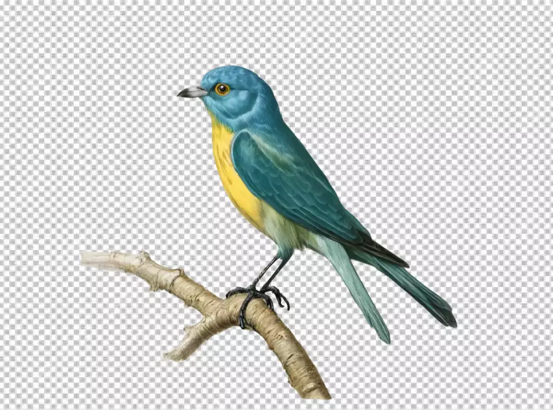 Vibrant Blue and Yellow Passerine Bird on Branch Isolated on White Background
