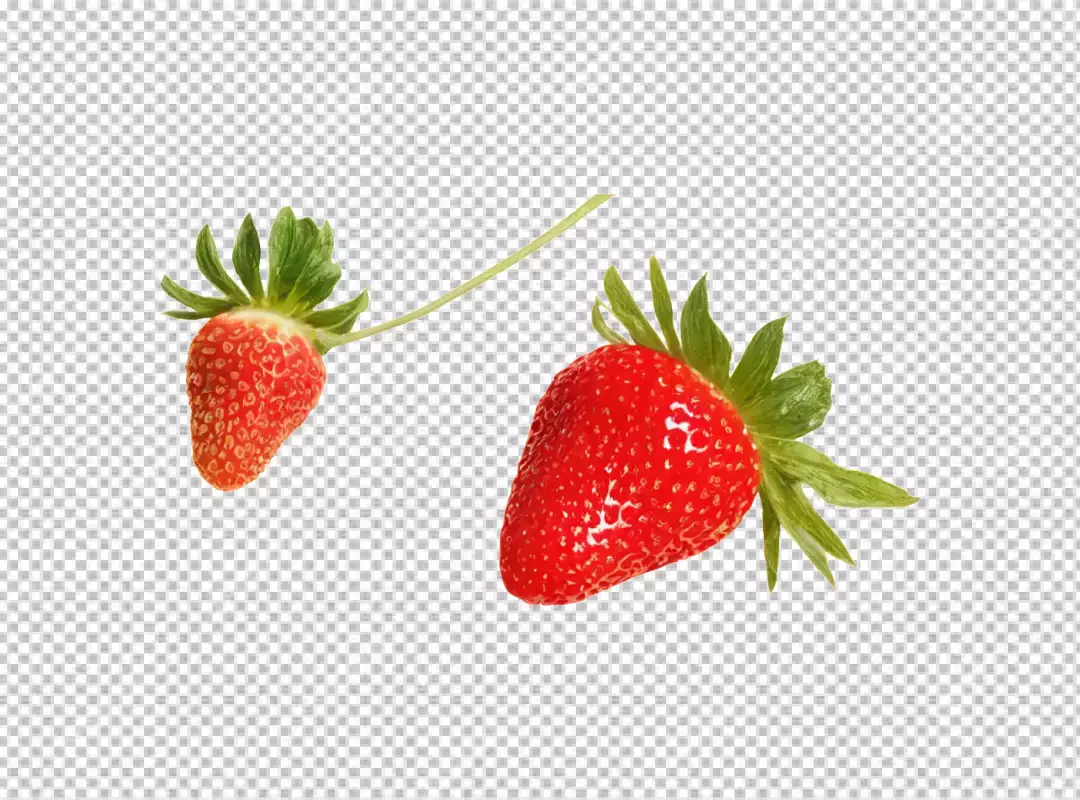 Vibrant Red Strawberries with Fresh Green Stems and Leaves on a White Background