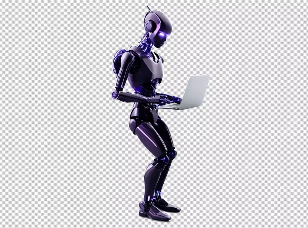Sleek Black Humanoid Robot with Glowing Purple Accents Using a Laptop