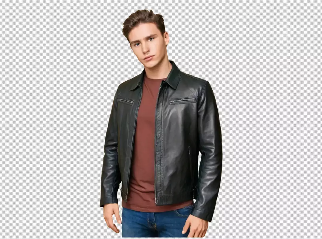 Stylish Young Man in Black Leather Jacket and Red Shirt Posing Confidently