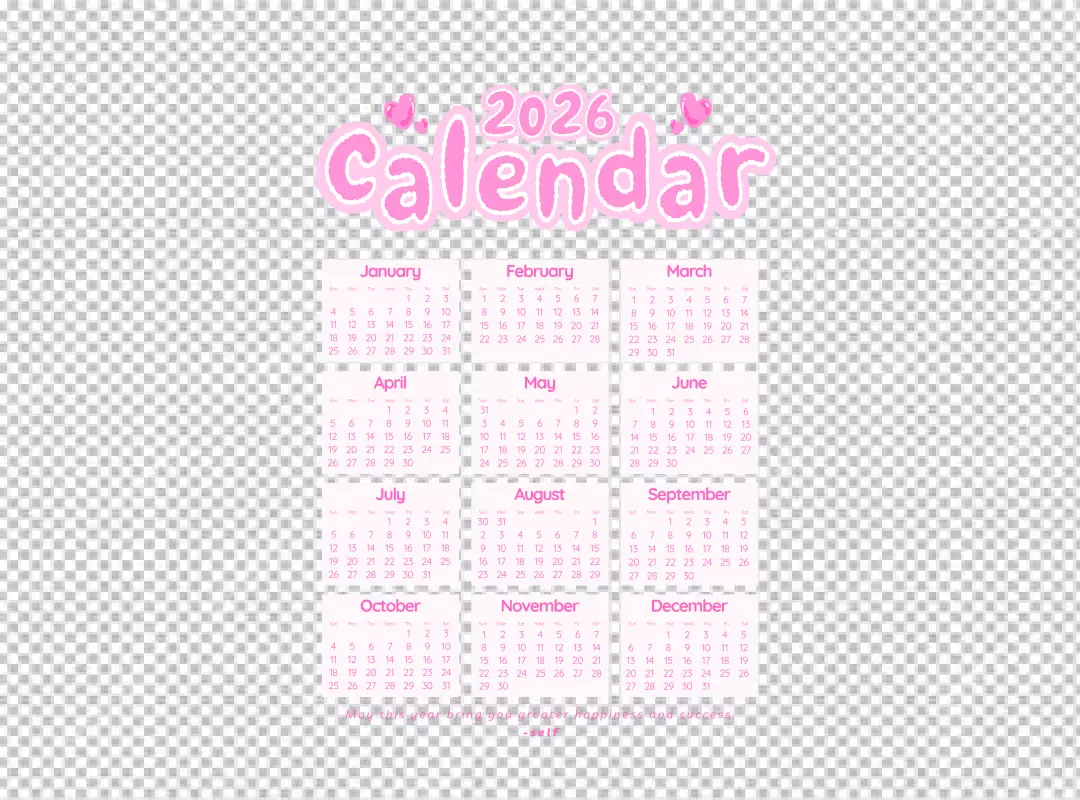 Charming Pink 2026 Annual Calendar with Hearts and Motivational Quote