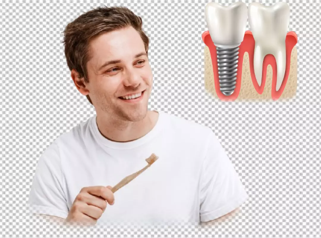Smiling Man with Bamboo Toothbrush and Dental Implant Illustration for Oral Health