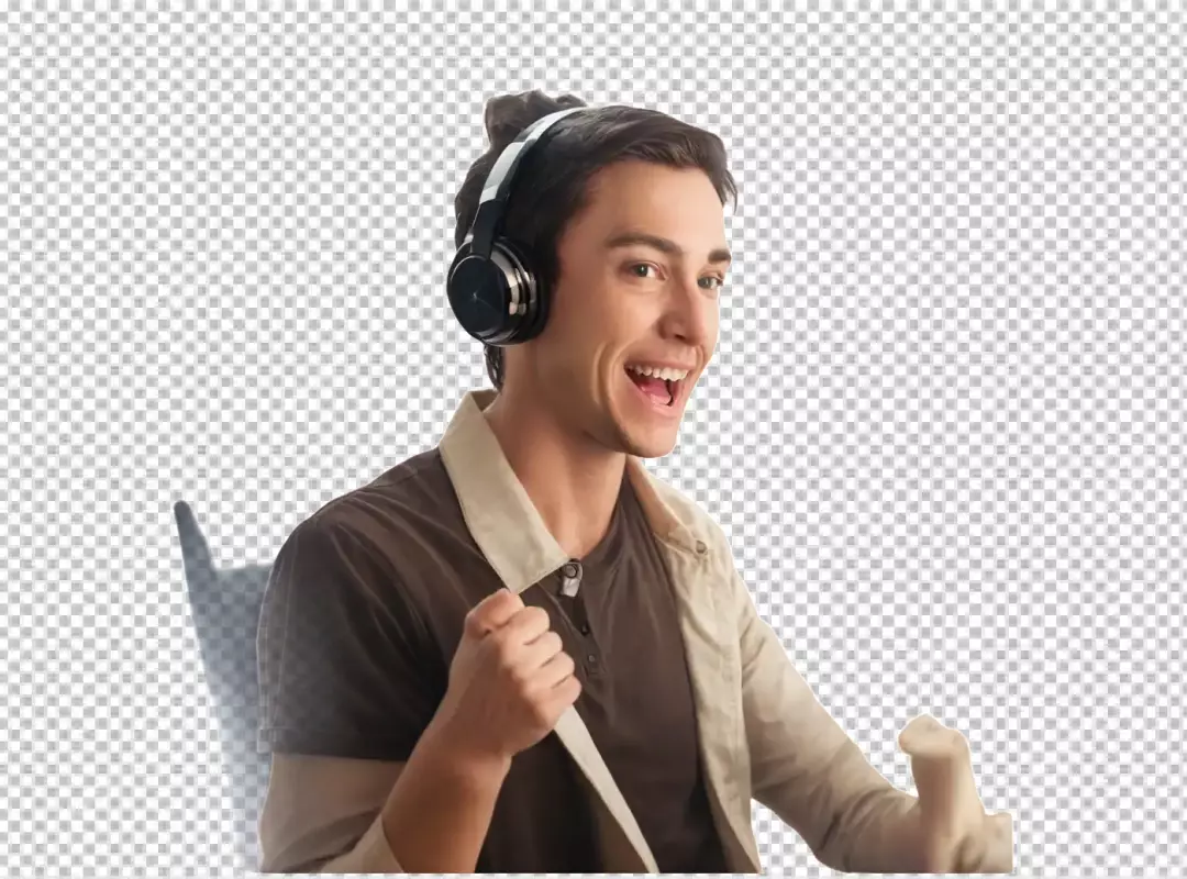 Cheerful Young Man with Headphones Expressing Joyful Excitement and Engagement