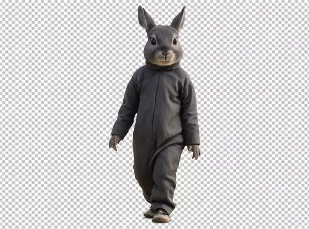 Adorable anthropomorphic rabbit character in grey jumpsuit walking on a transparent background