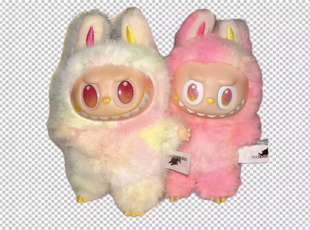 Two Adorable Pop Mart Labubu Monster Plushies with Bunny Hoods Embracing