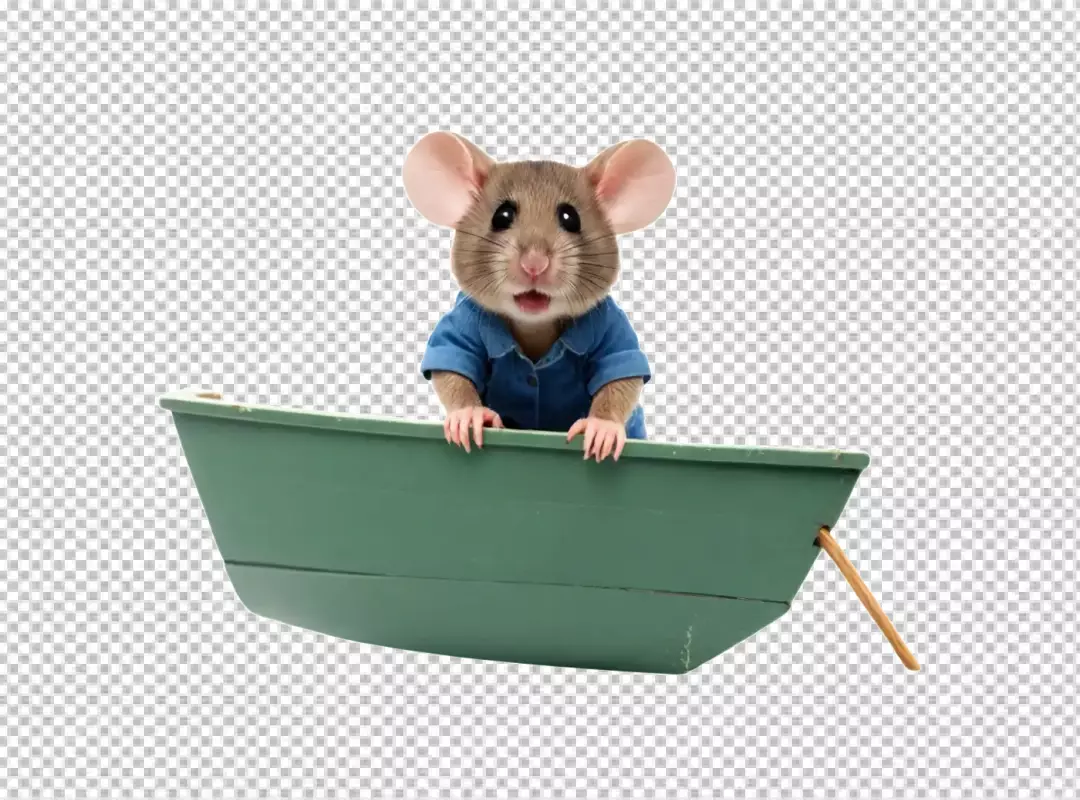 Cute Mouse Character in a Small Green Rowboat on Isolated White Background