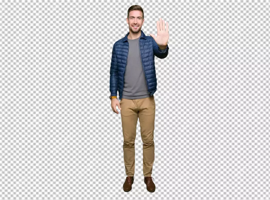 Smiling Young Man in Blue Puffer Jacket Making Stop Hand Gesture Confidently
