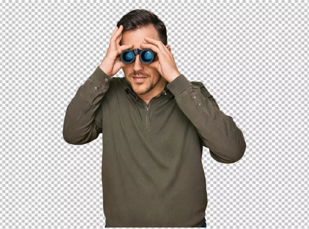 Young Man Actively Searching with Binoculars in a Focused Pose
