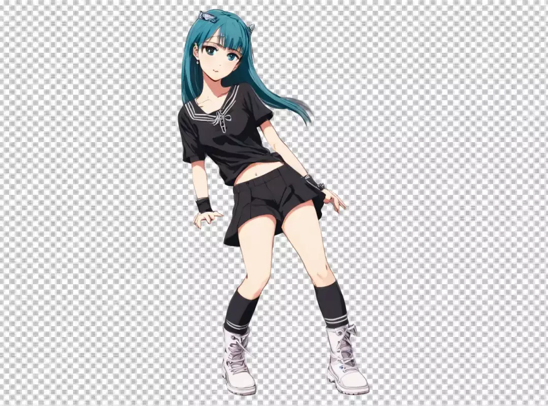 Vibrant Anime Girl with Teal Hair in Black Sailor Outfit and White Boots