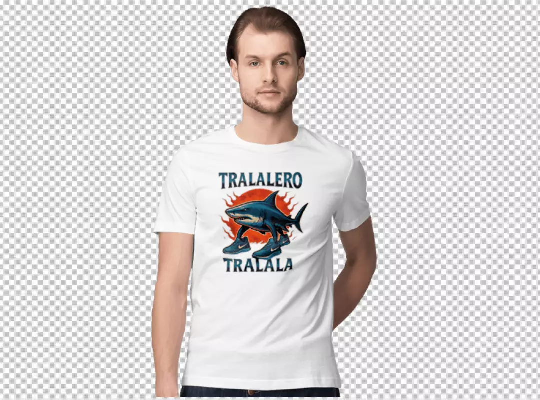 Young Man Modeling White T-Shirt with Humorous Shark and Sneakers Graphic Print
