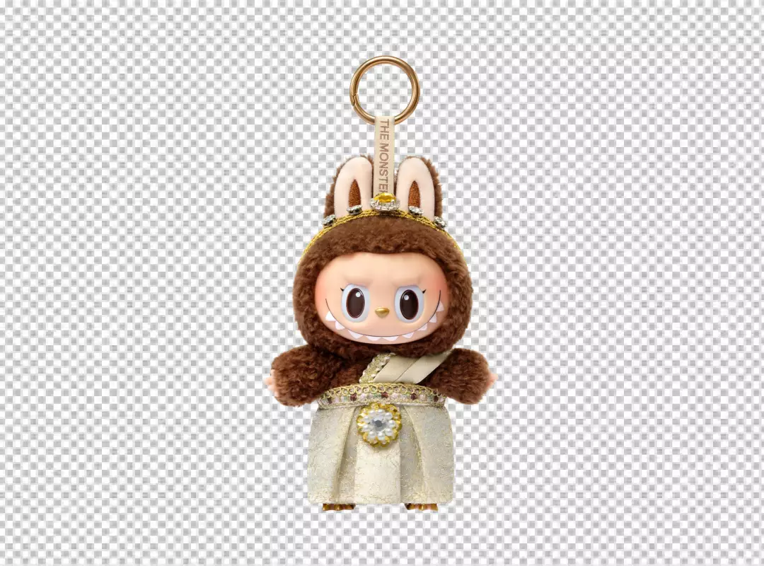 Adorable Fluffy Brown Monster Keychain in Traditional Thai Embellished Attire