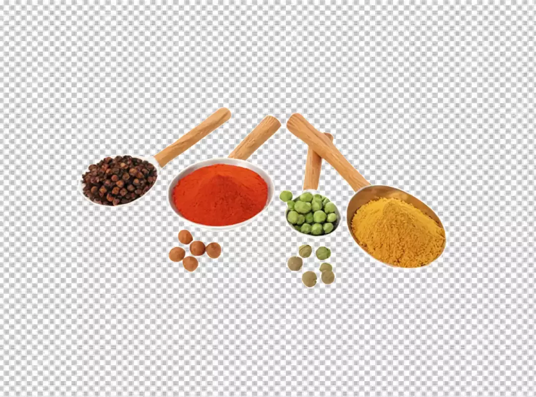Various Colorful Cooking Spices and Whole Ingredients in Rustic Wooden Spoons