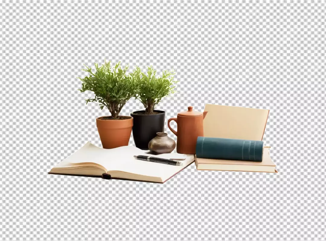 Open Notebook, Pen, Potted Plants, and Books for Study and Creative Workspace