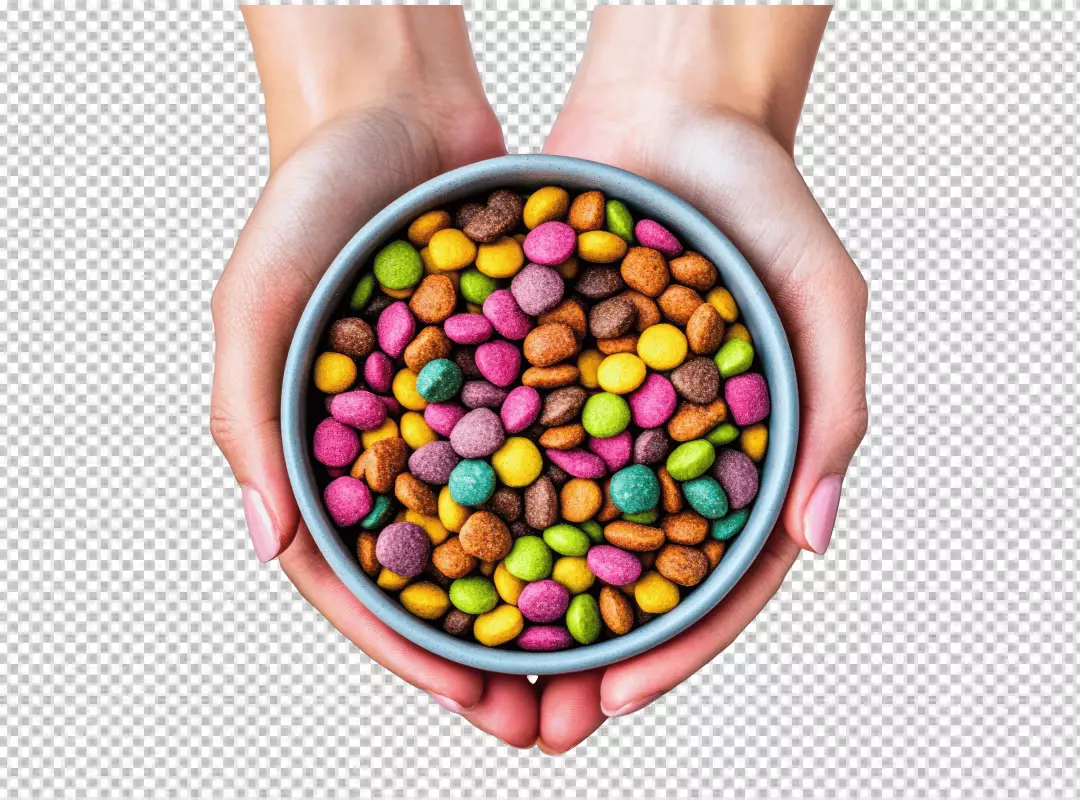 Vibrant Colorful Candies in Cupped Hands Offering a Sweet Treat PNG