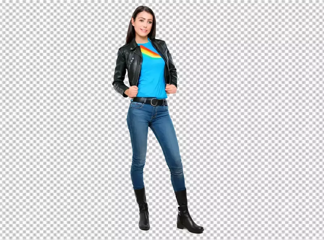 Stylish Young Woman in Black Leather Jacket and Rainbow T-shirt Smiling