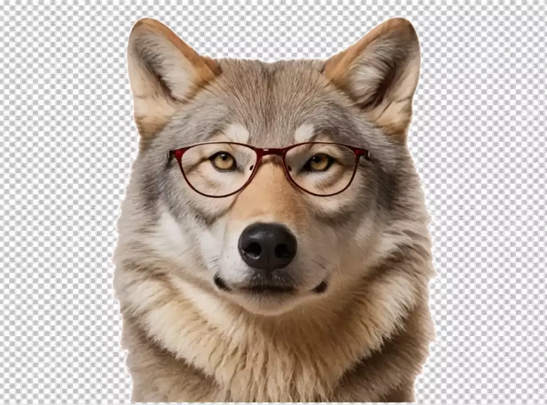 Intelligent Gray Wolf Wearing Stylish Red Glasses Looking Directly