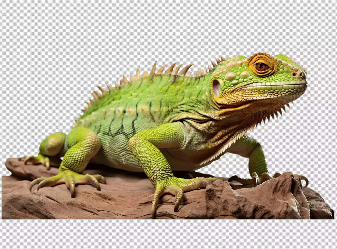 Vibrant Green Iguana on Wood PNG Cutout for Tropical Wildlife Designs
