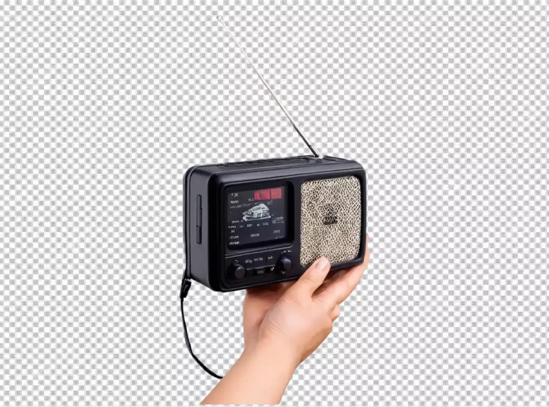 Hands Holding Classic Black Retro Portable Radio with Antenna