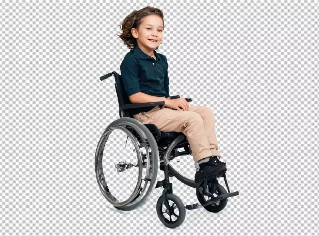 Joyful Young Boy with Curly Hair in Wheelchair Smiling Happily on White Background