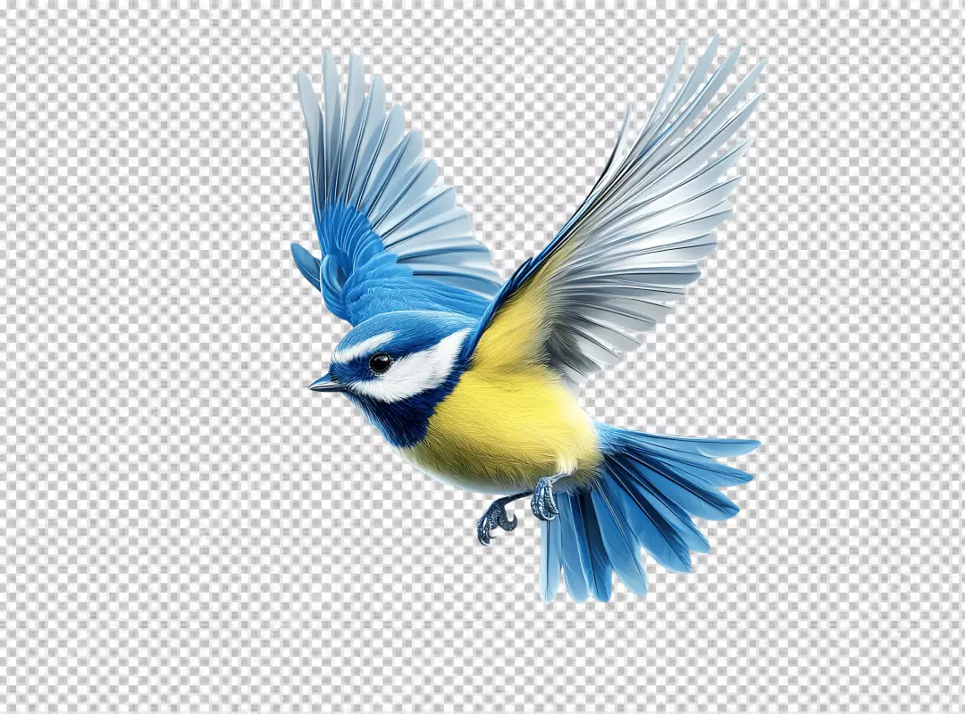 Vibrant Blue Tit Flying Gracefully with Wings Spread, Wildlife Bird PNG Cutout