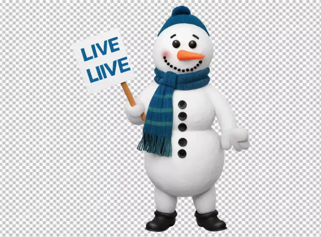 Cheerful snowman character in winter apparel holding a 'LIVE' sign for festive events
