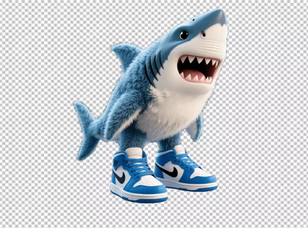 3D Rendered Plush Shark Character in Iconic Blue High-Top Sneakers
