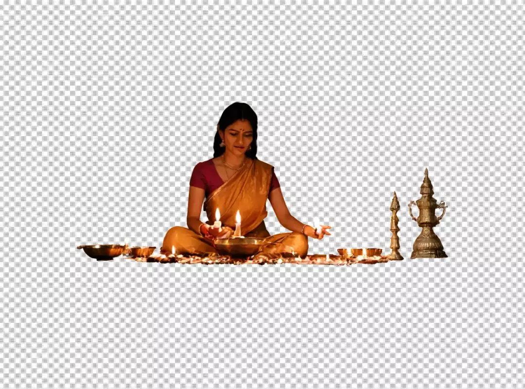 Indian Woman in Golden Saree Lighting Traditional Oil Lamps for Festival Celebration