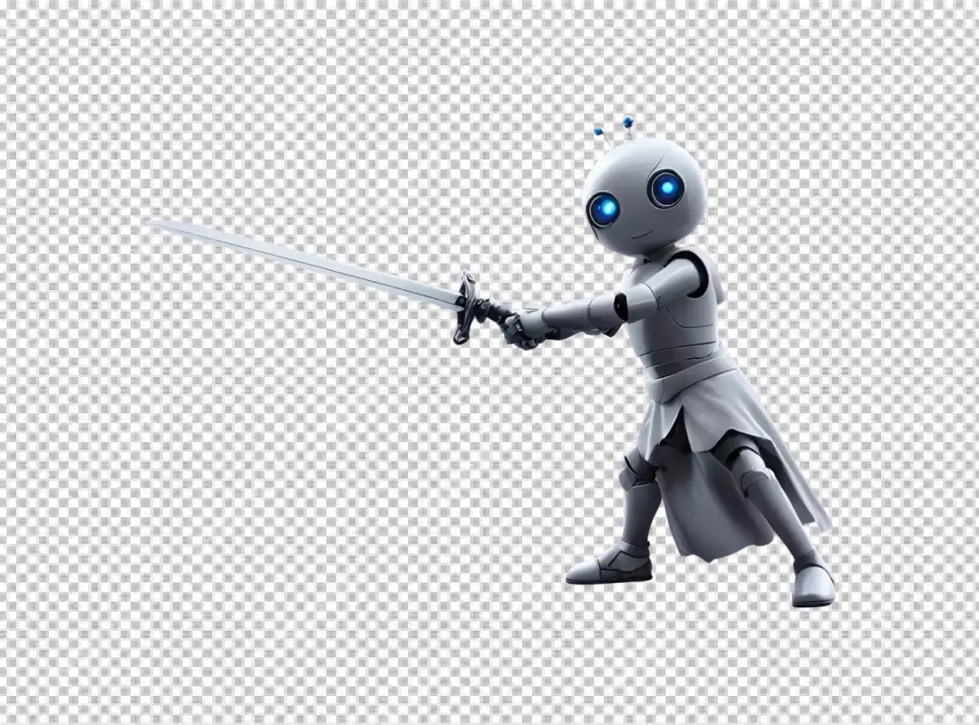 Cute Gray Robot Character in Knight Armor Wielding a Sword Ready for Battle