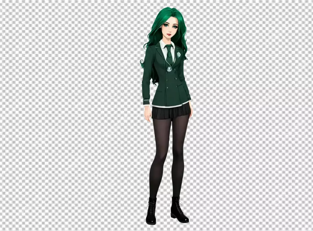 Vibrant Anime Schoolgirl with Emerald Green Hair in Stylish Uniform Illustration