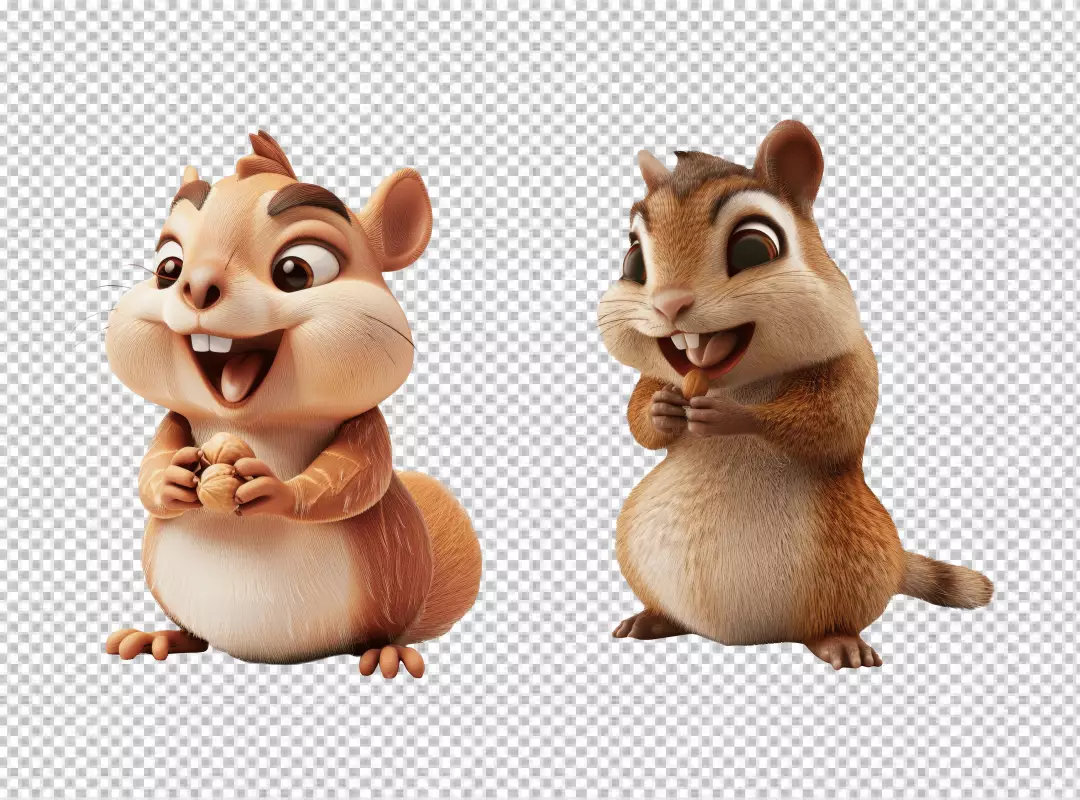 Adorable Cartoon Chipmunks Sharing Nuts with Joyful Expressions PNG