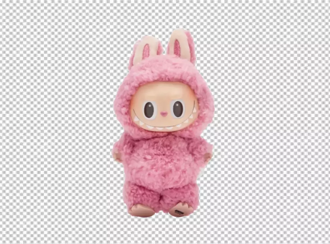 Adorable Pink Fluffy Monster Character with Bunny Ears and Playful Grin