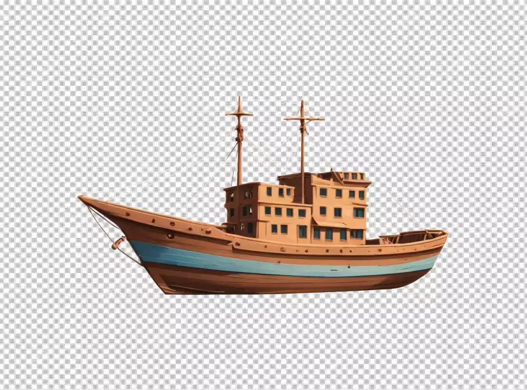 Stylized Wooden Cargo Ship with Two Masts and Blue Stripe Art