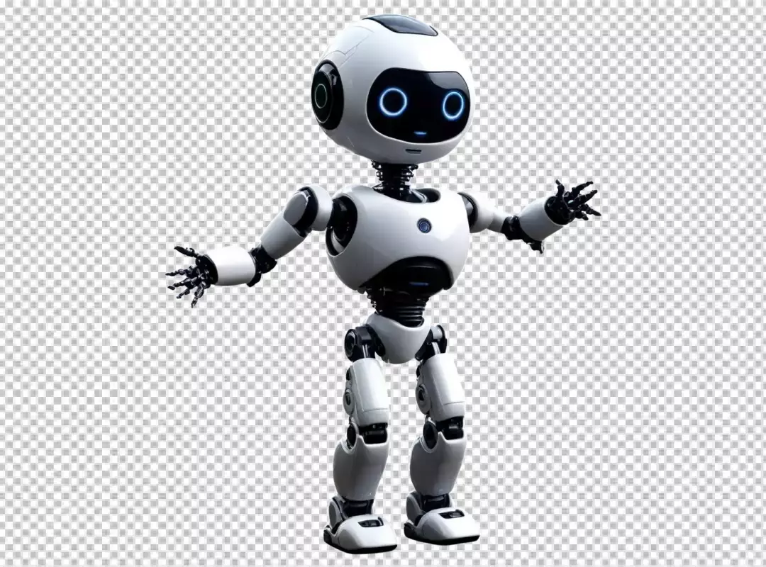 Cute White Humanoid Robot with Glowing Blue Eyes on Transparent Background